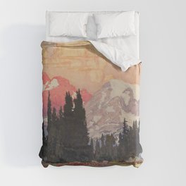 Storms over Keiisino - Winter Mountain & Forest Ukiyoe Nature Landscape in Pink, Blue, and Green Duvet Cover