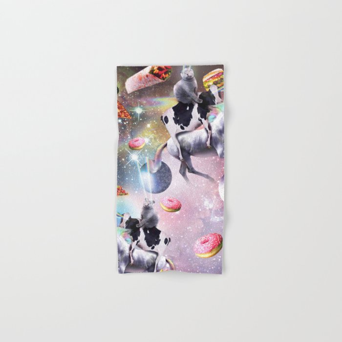 Space Cat Cow Unicorn Riding, Rainbow Laser Eyes Hand & Bath Towel