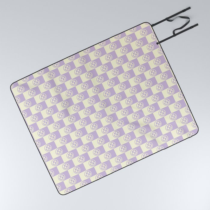 Smiley Faces On Checkerboard (Yellow Beige & Lilac)  Picnic Blanket