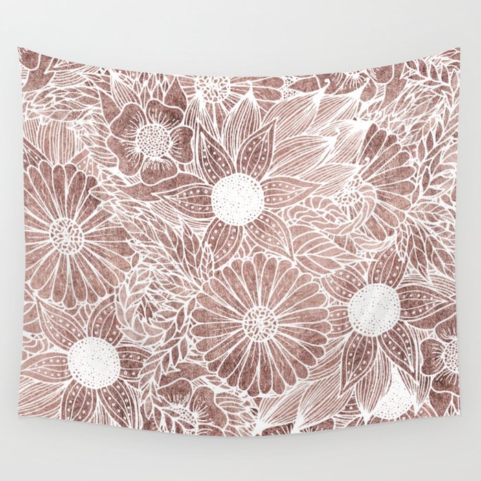 Floral Rose Gold Flowers and Leaves Drawing White Wall Tapestry