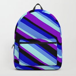 [ Thumbnail: Colorful Blue, Cornflower Blue, Turquoise, Dark Violet, and Black Colored Pattern of Stripes Backpack ]