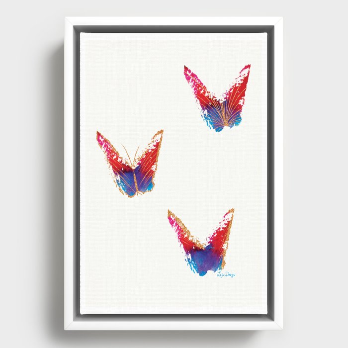 Three abstract red and blue butterflies with copper effect Framed Canvas