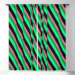 [ Thumbnail: Hot Pink, Forest Green, Green & Black Colored Striped Pattern Blackout Curtain ]