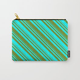 [ Thumbnail: Aqua & Green Colored Lined Pattern Carry-All Pouch ]
