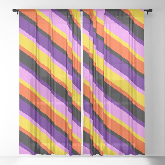 Indigo, Violet, Yellow, Red & Black Colored Stripes Pattern Sheer Curtain
