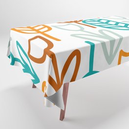 Cheerful Garden Minimalist Botanical Pattern in Orange, Teal, Aqua, and Rust on White Tablecloth