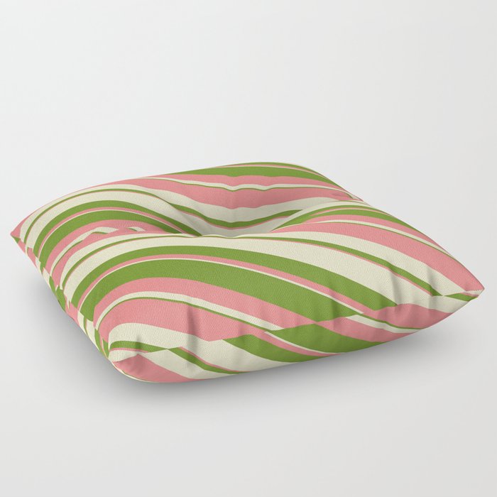 Bisque, Green, and Light Coral Colored Striped/Lined Pattern Floor Pillow