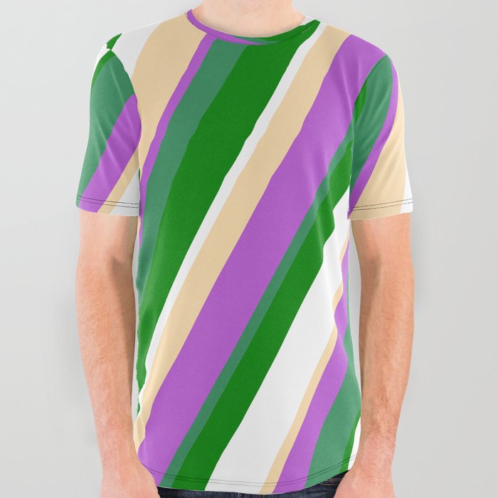 Tan, Orchid, Sea Green, Green & White Colored Stripes/Lines Pattern All Over Graphic Tee