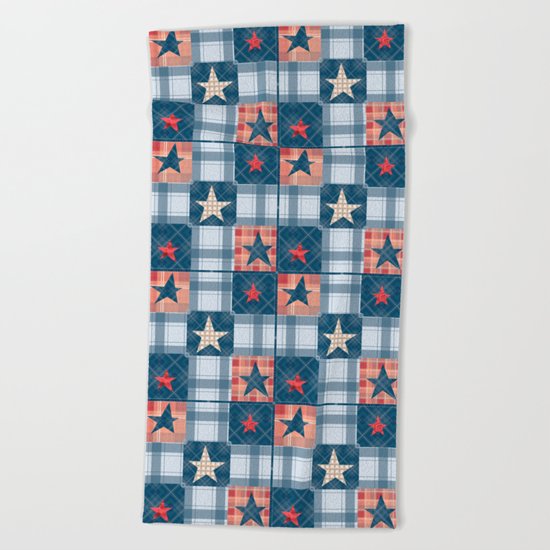 Blue denim plaid patchwork . Beach Towel