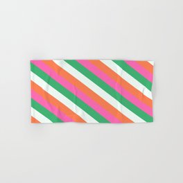 [ Thumbnail: Mint Cream, Coral, Hot Pink, and Sea Green Colored Lined Pattern Hand & Bath Towel ]