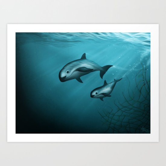 Treacherous Waters - Vaquita Porpoise Art, Original Digital Painting by Amber Marine, (c) 2015 Art Print