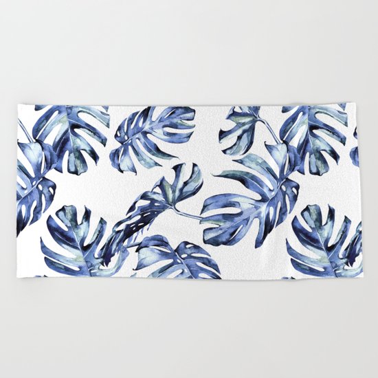 Blue Palm Leaves Beach Towel