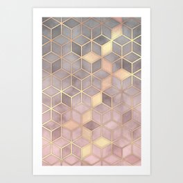 Gold blush grey Gradient cube Art Print