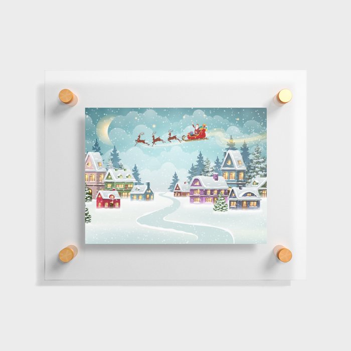 Santa and Reindeer on Christmas Background. Winter Christmas scene with snow covered houses and pine forest. Holiday vintage Background Floating Acrylic Print