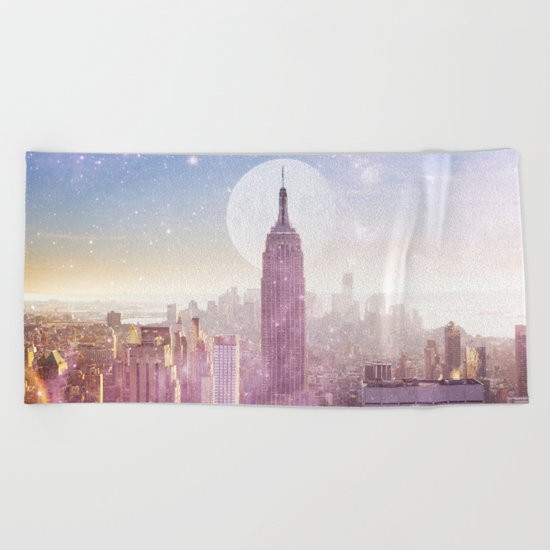 I LOVE PINK NEW YORK CITY SKYLINE - Full Moon Universe Beach Towel