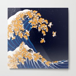 Shiba Inu The Great Wave in Night Metal Print | Adorable, Vintage, Watercolor, Children, Waves, Pattern, Design, Shibainu, Japanese, Nursery 