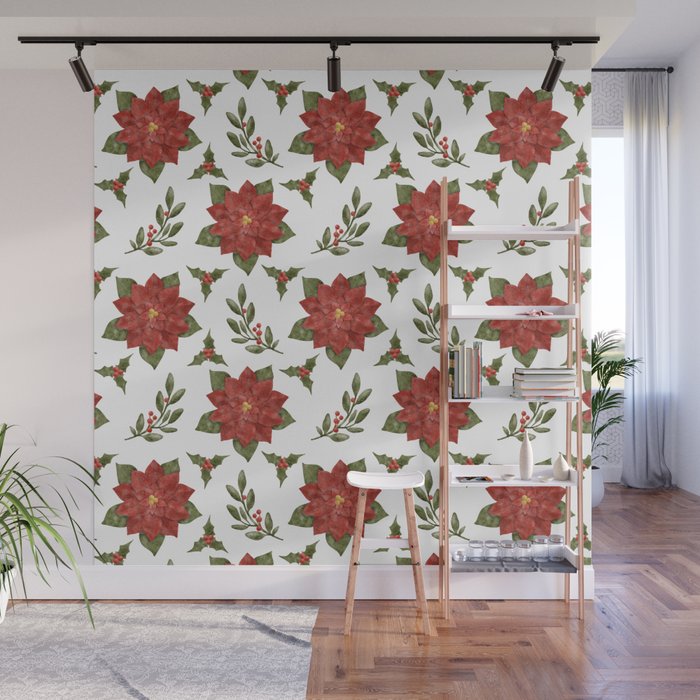Elegant festive watercolor Christmas floral pattern Wall Mural
