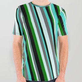 [ Thumbnail: Eyecatching Turquoise, Dim Grey, Light Cyan, Green & Black Colored Striped Pattern All Over Graphic Tee ]