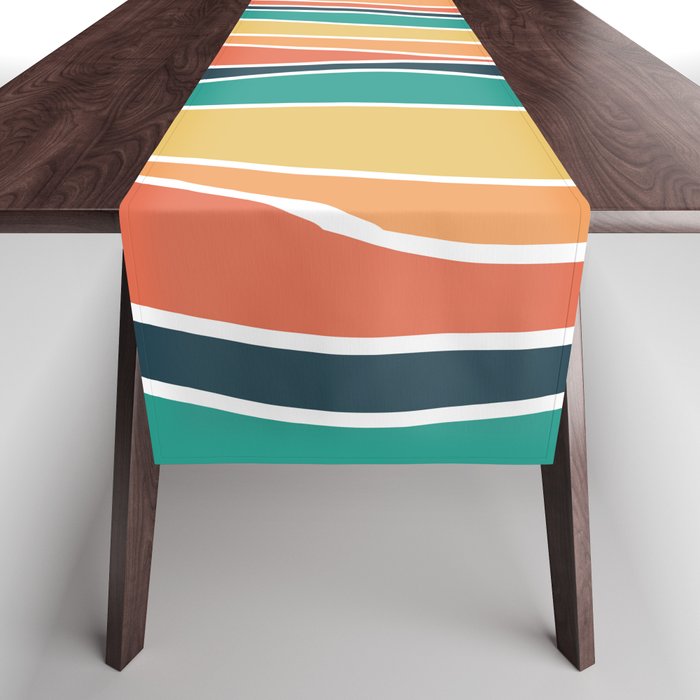Retro Wavy Lines Pattern Teal, Orange, Yellow and White Table Runner