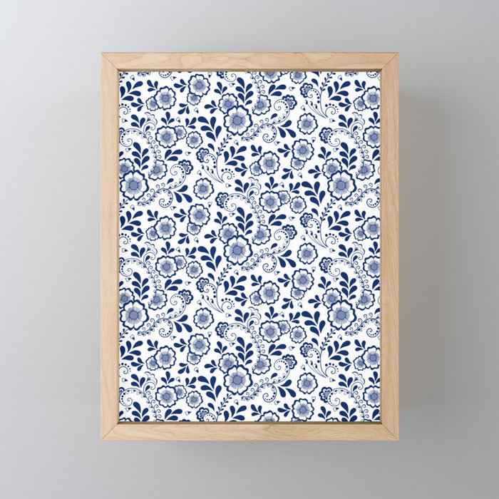 Blue Eastern Floral Pattern Framed Mini Art Print