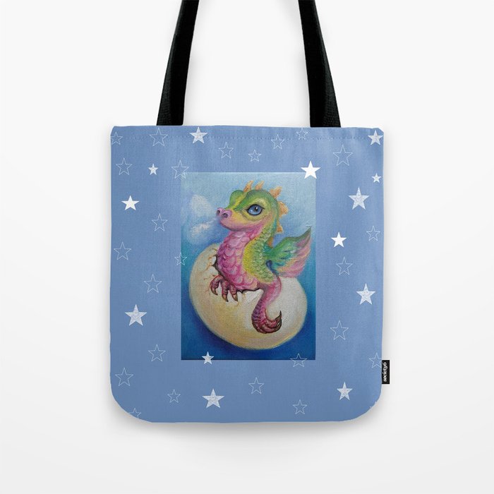 Baby Dragon on the Blue sky with Stars painting Fantasy Illustration Tote Bag