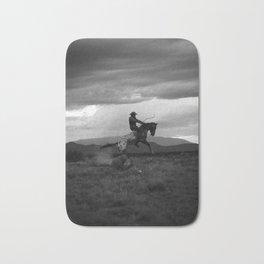 Black and White Cowboy Being Bucked Off Bath Mat | Horse, Indian, Bucking, Sepia, Nativeamerican, Beautiful, Santafe, Indigenous, Mountains, Clouds 