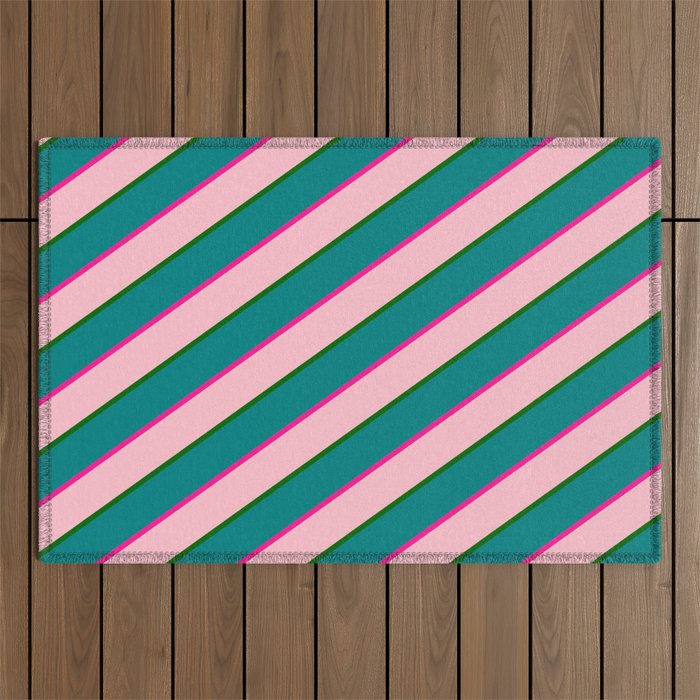 Deep Pink, Pink, Dark Green & Teal Colored Lined/Striped Pattern Outdoor Rug