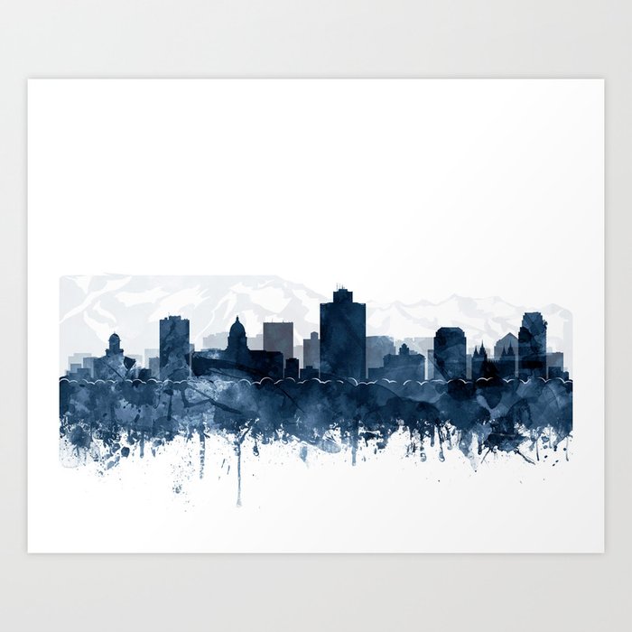 Salt Lake City Skyline Blue Watercolor Print by Zouzounio Art Art Print
