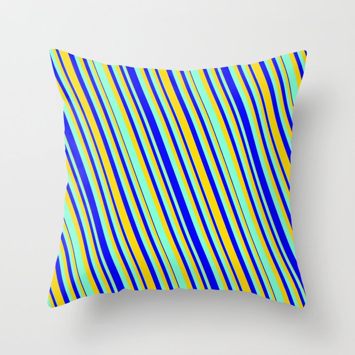 Aquamarine, Blue & Yellow Colored Lines Pattern Throw Pillow