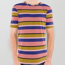 [ Thumbnail: Eye-catching Dark Goldenrod, Pink, Midnight Blue, Light Coral & Black Colored Stripes/Lines Pattern All Over Graphic Tee ]