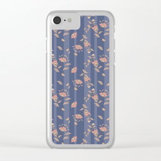 Retro . Floral pattern on a blue striped background . Clear iPhone Case