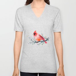 Watercolor red cardinal on berry branch V Neck T Shirt