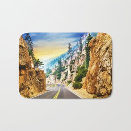 Road in the mountains Bath Mat | Panoramicviews, Way, Mountains, Destinations, Giantstones, Illustration, Retro, Abstract, Journey, Pinetrees 