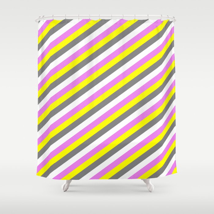 Yellow, Gray, White, and Violet Colored Lined Pattern Shower Curtain