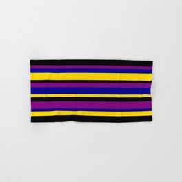 [ Thumbnail: Yellow, Black, Purple, and Dark Blue Colored Pattern of Stripes Hand & Bath Towel ]