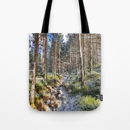 Spring Snow in a Scottish Pine Forest Tote Bag