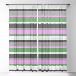 [ Thumbnail: Eye-catching Gray, Violet, Forest Green, White & Black Colored Striped/Lined Pattern Sheer Curtain ]
