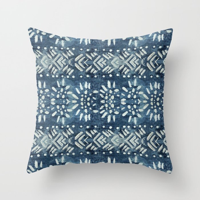 Vintage indigo inspired  flowers and lines Throw Pillow