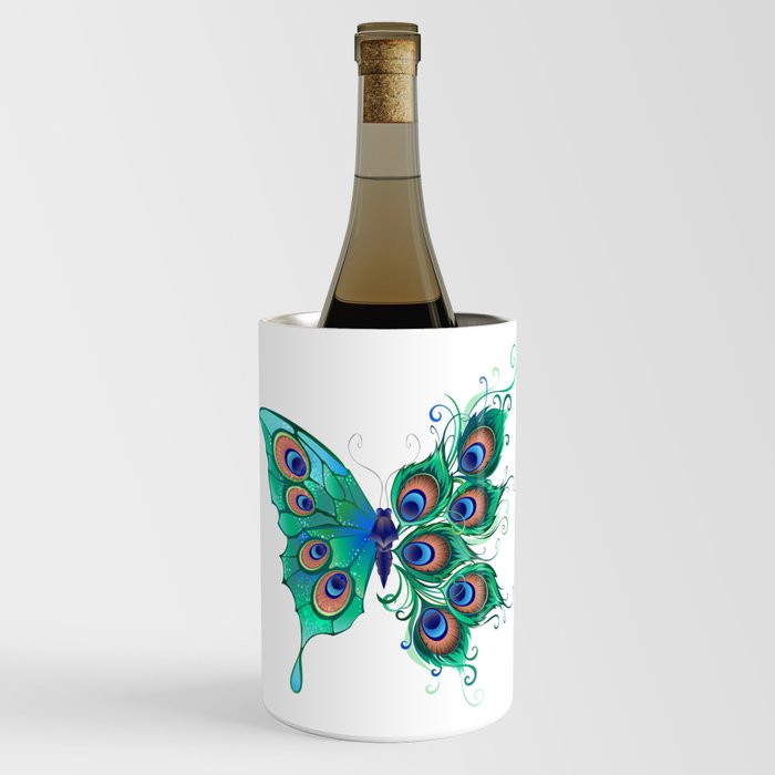 Butterfly with Green Peacock Feathers Wine Chiller