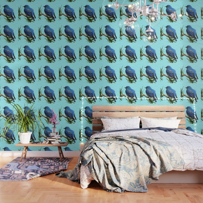 AQUA SPRING BLUE BIRD ART Wallpaper