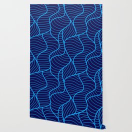Navy Blue & Blue Color Leaves Line Design Wallpaper