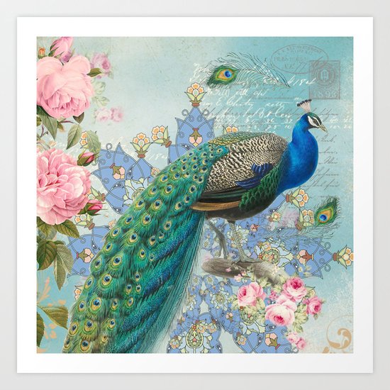 Peacock & Pink Roses #2 Art Print