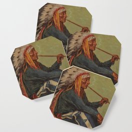 Chief Flat Iron smoking peace pipe Sioux First Nations American Indian portrait painting by Joseph Henry Sharp Coaster