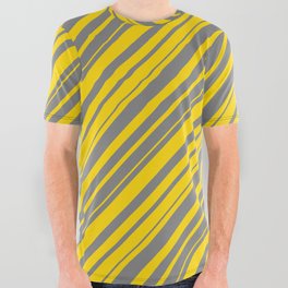 [ Thumbnail: Gray & Yellow Colored Lined Pattern All Over Graphic Tee ]