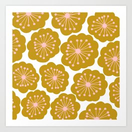 Mid Century Mod Flowers in Pink and Mustard Art Print