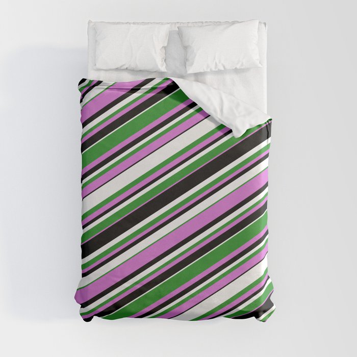 Forest Green, Orchid, Black & White Colored Striped/Lined Pattern Duvet Cover