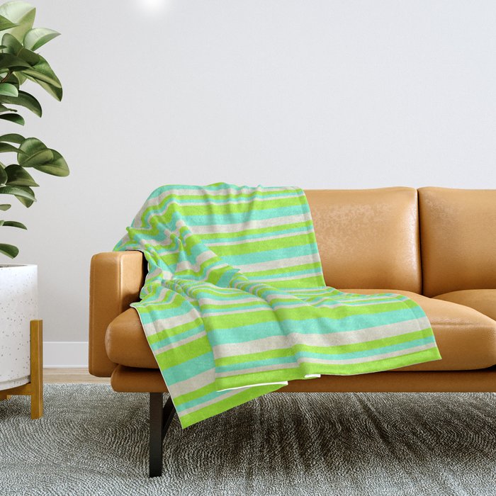 Light Green, Aquamarine & Beige Colored Lines/Stripes Pattern Throw Blanket