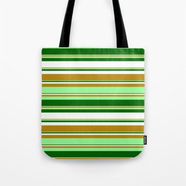 [ Thumbnail: Dark Goldenrod, Green, Dark Green, and White Colored Stripes Pattern Tote Bag ]