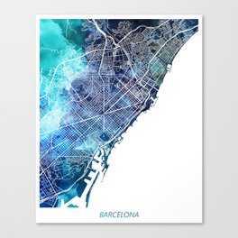 Barcelona Spain Map Navy Blue Turquoise Watercolor Canvas Print