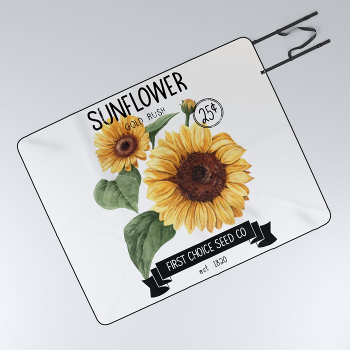 Vintage Sunflower Seed Label - Black Picnic Blanket